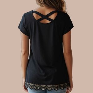 🍁 Xhilaration Short Sleeve Lightweight Sweater in Black with Lace Detail